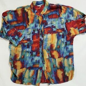 John Mark Silk Blouse Large Abstract Multicolor Brushstroke Print Rainbow Artsy